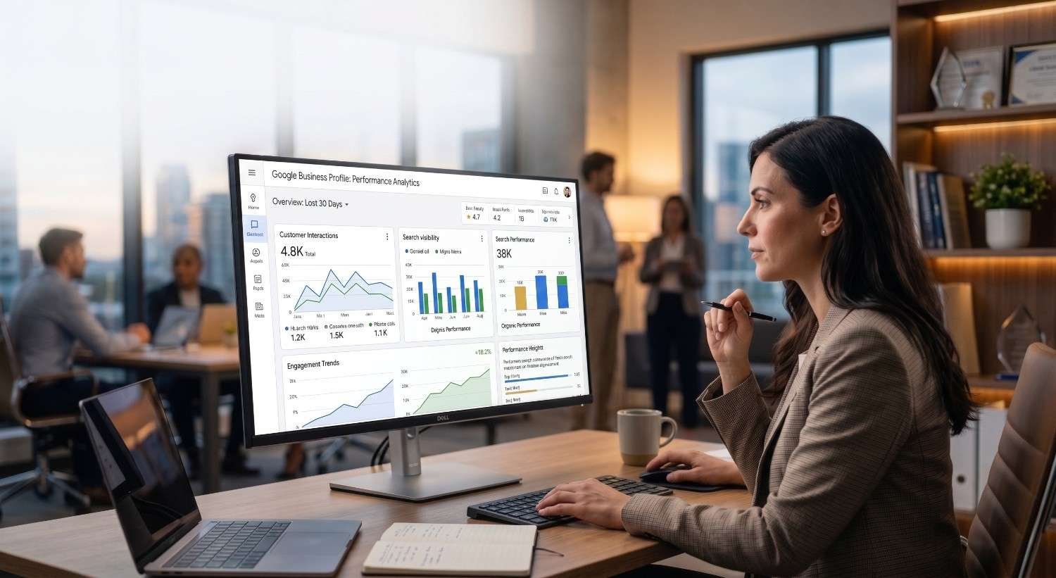 Marketing professional analyzing Google Business Profile performance analytics dashboard, tracking customer interactions, search visibility, engagement trends, and local SEO metrics. The image showcases local search optimization, business profile management, online reputation monitoring, and data-driven strategies to improve Google Maps rankings, customer engagement, and business growth.
