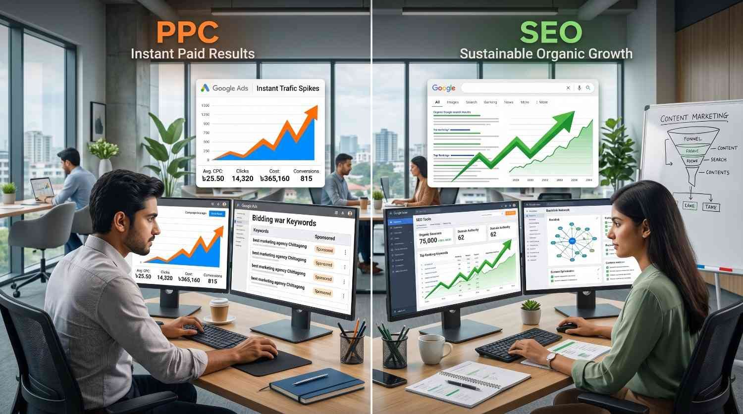 PPC vs SEO comparison showing paid search advertising and organic search optimization strategies. Digital marketers analyze Google Ads performance, keyword targeting, traffic growth, content marketing, and conversion metrics to balance immediate lead generation with sustainable long-term organic visibility and ROI.