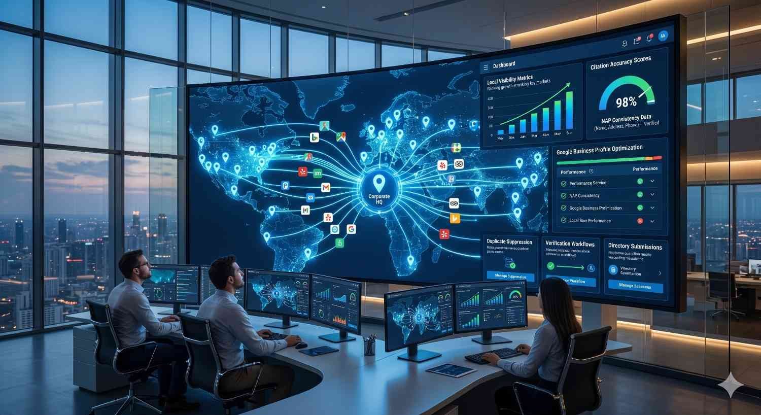 Enterprise local SEO dashboard displaying citation management, Google Business Profile optimization, NAP consistency monitoring, duplicate listing suppression, and global business location data to improve local search rankings, online visibility, citation accuracy, and multi-location SEO performance