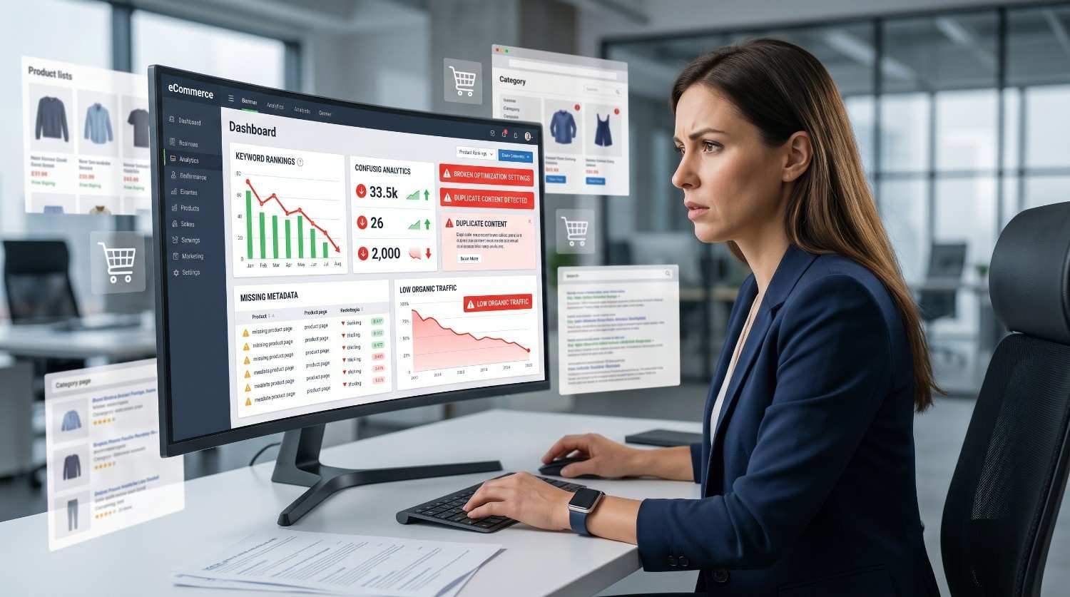 Ecommerce SEO audit dashboard displaying declining keyword rankings, low organic traffic, missing metadata, duplicate content issues, and conversion analytics. SEO specialist reviewing technical SEO errors, product page optimization problems, and website performance metrics to identify ranking losses, improve search visibility, increase organic traffic, and boost ecommerce conversions.