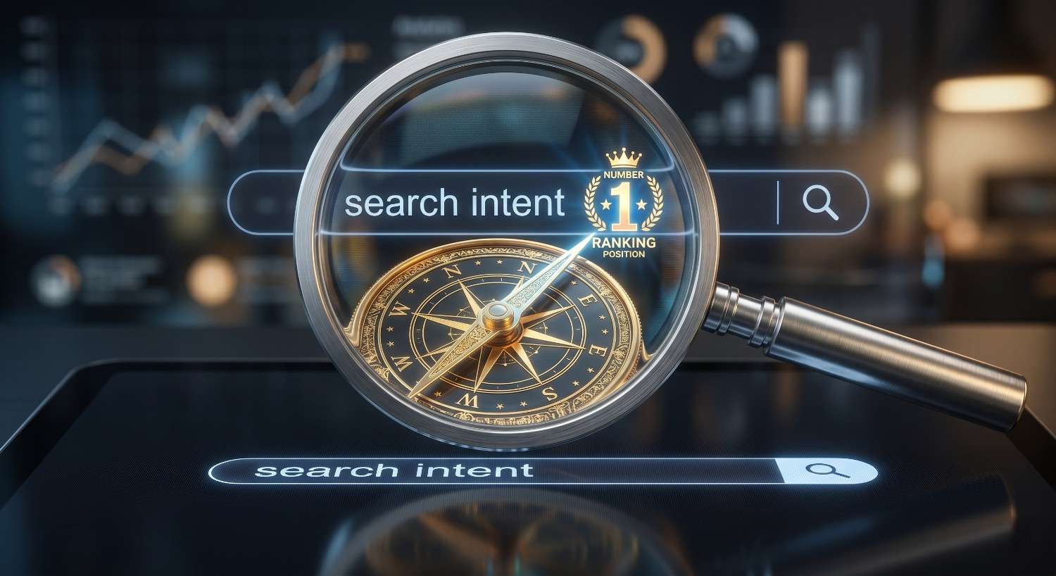 Magnifying glass highlighting search intent analysis with a compass and number one ranking symbol, representing keyword research, SEO strategy, and user intent optimization. Conceptual digital marketing image showing how aligning content with search intent improves Google rankings, organic traffic, and search engine visibility.
