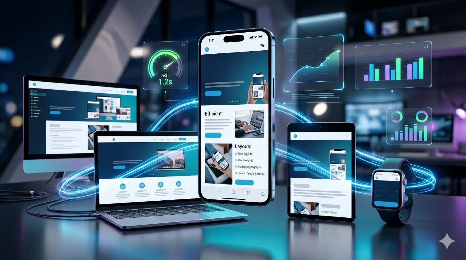 Responsive web design infographic showcasing mobile-first development, cross-device compatibility, website performance optimization, page speed, user experience, and analytics tracking. Multi-device digital experience across desktop, laptop, tablet, smartphone, and wearable screens designed to improve SEO, engagement, conversions, and search engine rankings.