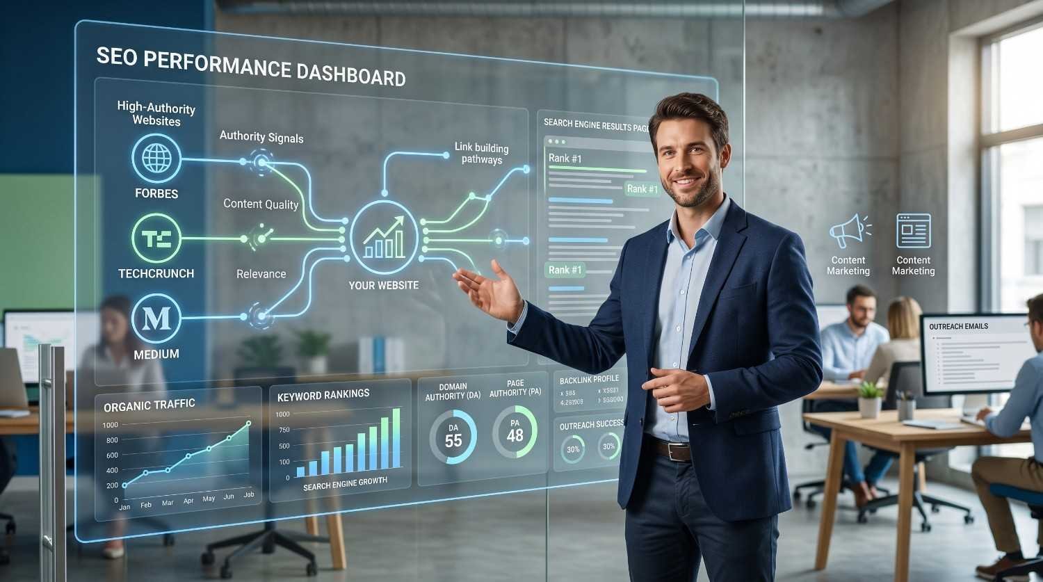 SEO professional presenting a link building strategy dashboard featuring high-authority backlinks, domain authority growth, keyword rankings, organic traffic increases, and search engine visibility. Digital marketing analytics highlight content marketing, outreach campaigns, referral links, and backlink acquisition from trusted websites to improve SEO performance and rankings.
