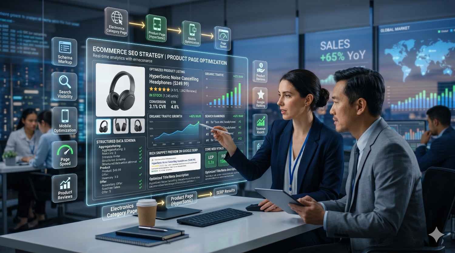 Ecommerce SEO professionals review product page optimization performance using advanced analytics dashboards in a modern office. Interactive displays highlight search visibility, schema markup, mobile optimization, page speed, product reviews, organic traffic growth, keyword rankings, and conversion metrics. The discussion focuses on improving ecommerce search performance, user experience, and revenue growth.
