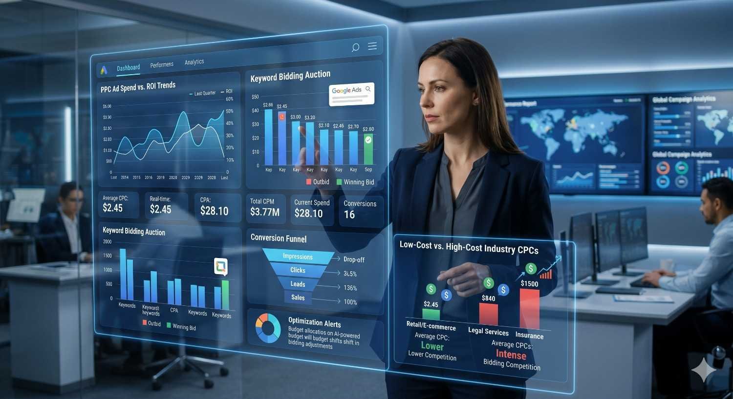 PPC advertising analytics dashboard showing keyword bidding, CPC trends, conversion funnel, ROI tracking, campaign spend analysis, and industry cost comparisons. Digital marketing performance visualization focused on Google Ads optimization, lead generation, conversion growth, budget allocation, and maximizing return on investment.