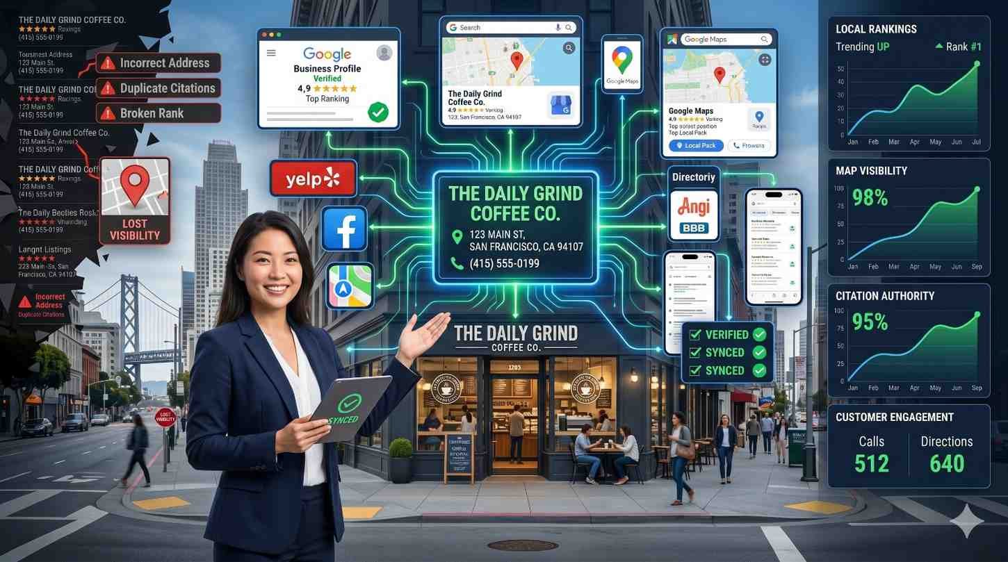 Local SEO expert managing Google Business Profile optimization for a coffee shop in San Francisco, improving local search rankings, map visibility, citation consistency, customer engagement, and online directory listings to increase local business visibility and attract more customers