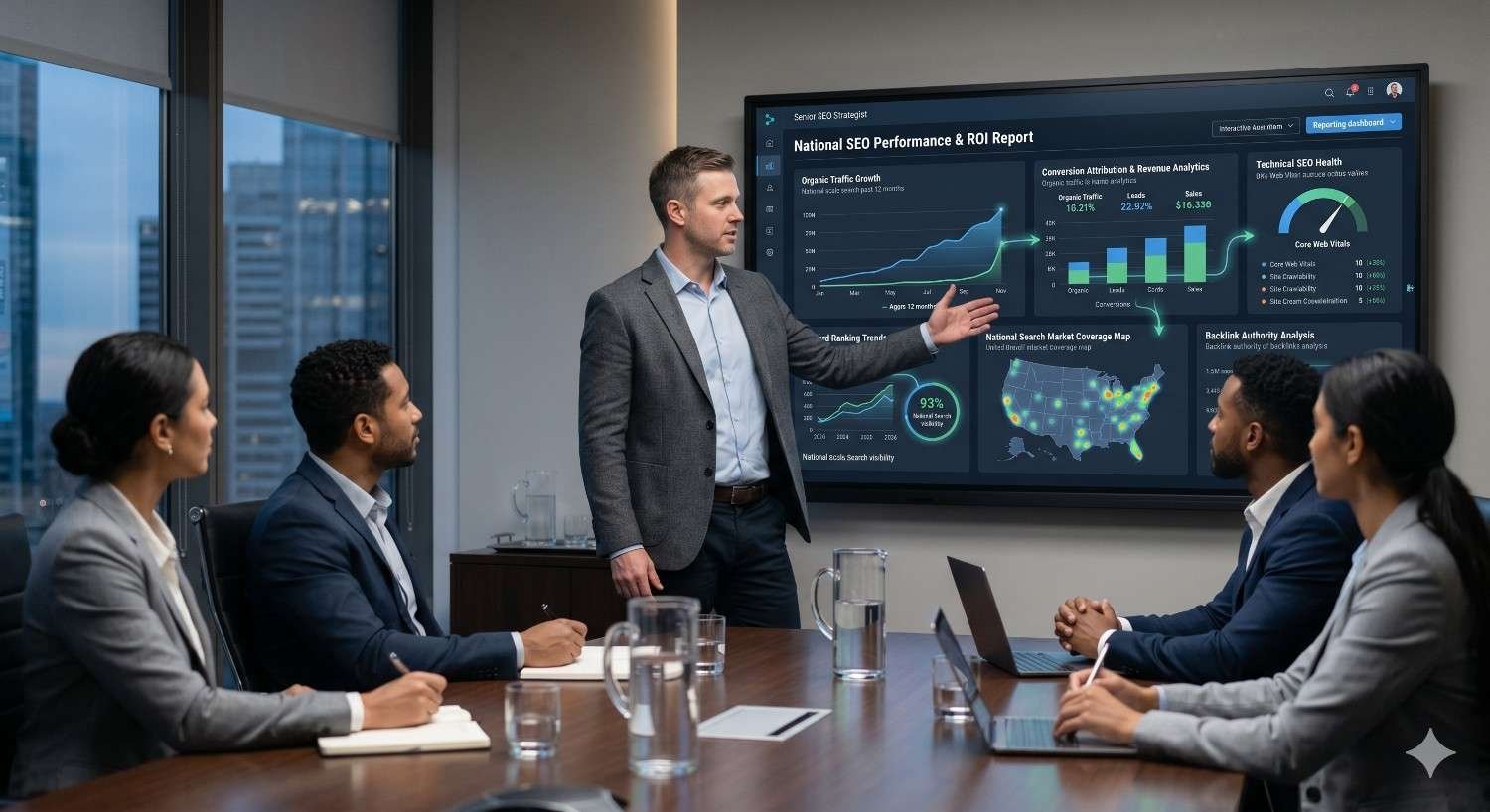 SEO team meeting focused on national search performance and return on investment analysis. A presenter reviews dashboards displaying organic traffic growth, conversion attribution, technical SEO health, backlink authority, search visibility, and market coverage. Colleagues examine performance metrics and strategy outcomes, highlighting data-driven decision-making, optimization efforts, and measurable business growth.