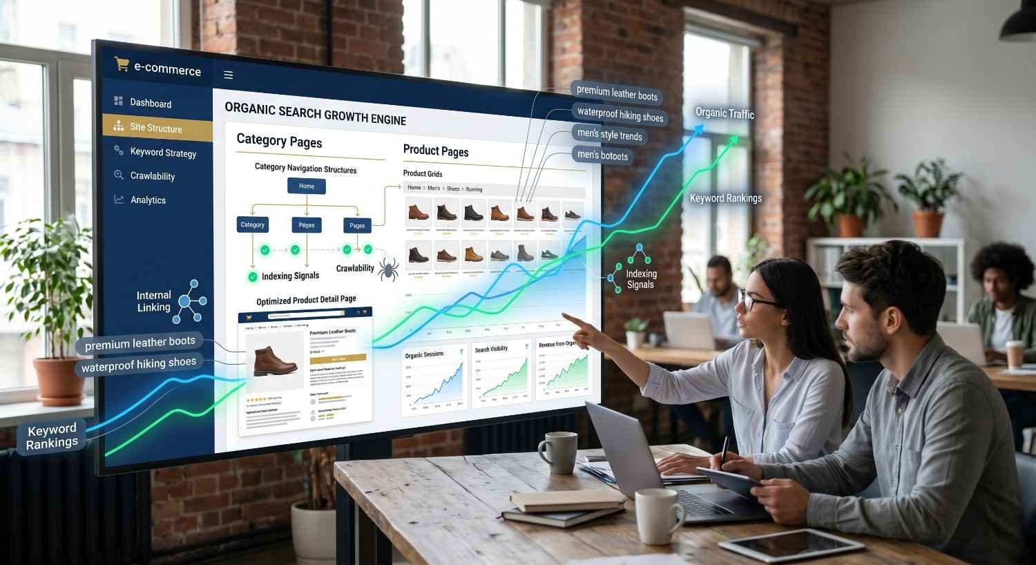Ecommerce SEO growth strategy dashboard displaying category page optimization, product page SEO, internal linking, keyword rankings, crawlability, indexing signals, and organic traffic growth. SEO specialists analyzing ecommerce site structure, search visibility, and keyword performance data to improve product rankings, organic search traffic, and online sales growth.