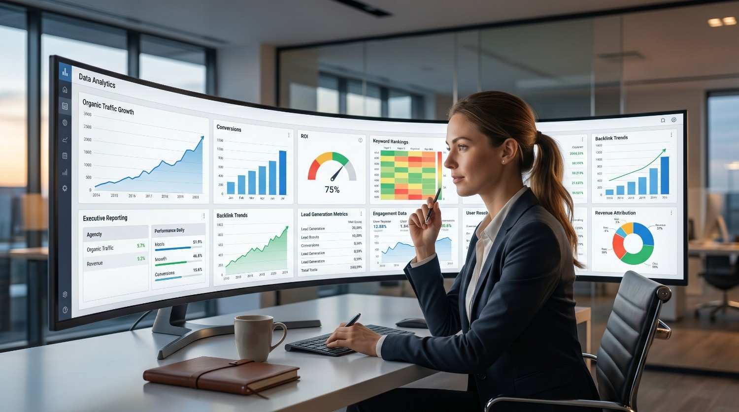 SEO analyst reviewing a digital marketing dashboard with organic traffic growth, backlink trends, keyword rankings, conversions, ROI metrics, and lead generation performance. Data visualization highlights SEO reporting, search visibility improvements, website analytics, and backlink growth strategies designed to increase rankings, traffic, and business revenue.