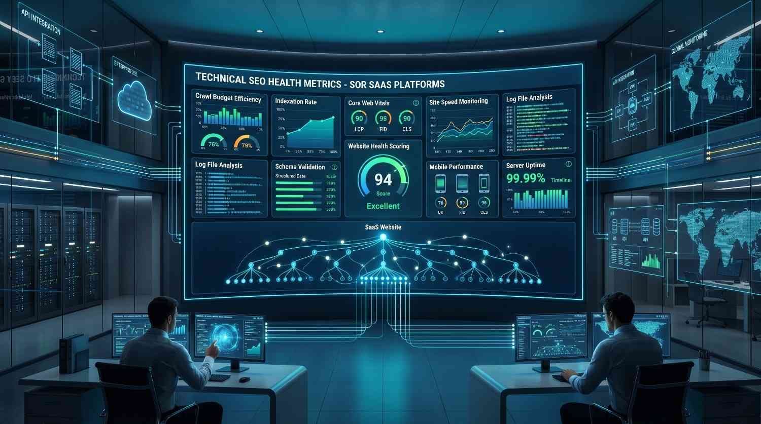 Technical SEO dashboard for SaaS platforms displaying Core Web Vitals, crawl budget efficiency, indexation rate, schema validation, site speed monitoring, log file analysis, mobile performance, server uptime, and website health metrics. Enterprise SEO team monitors search visibility, website architecture, and organic growth through advanced technical optimization analytics.