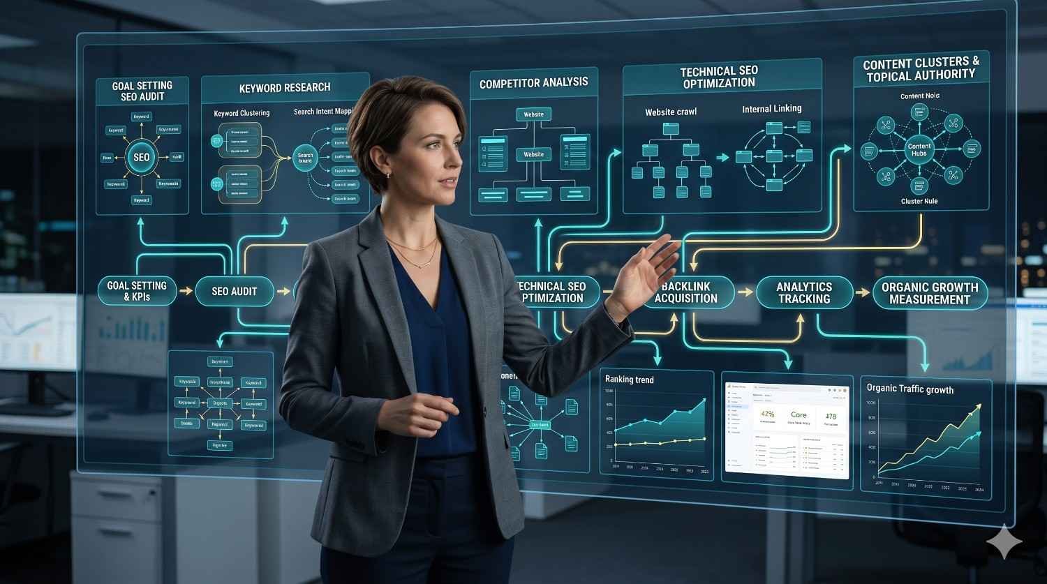 SEO strategist presenting a comprehensive search engine optimization roadmap, including keyword research, technical SEO, competitor analysis, backlink building, content clusters, internal linking, analytics tracking, and organic growth measurement to improve search rankings, website authority, and long-term organic traffic.