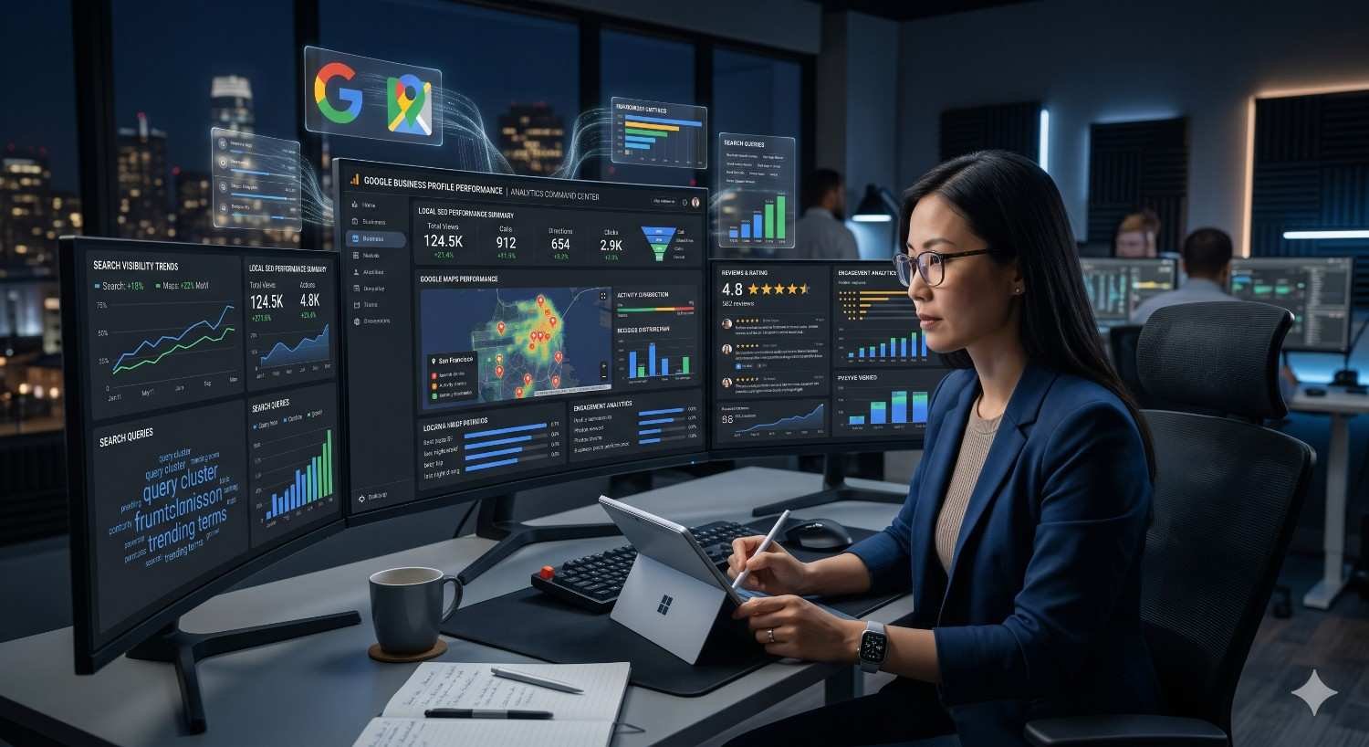 Google Business Profile analyst monitors local search performance from a multi-screen analytics workstation. Dashboards display search visibility trends, customer reviews, map rankings, business profile interactions, keyword data, traffic metrics, and geographic insights. The modern office setting emphasizes data-driven local SEO management, reputation monitoring, customer engagement, and business growth optimization.