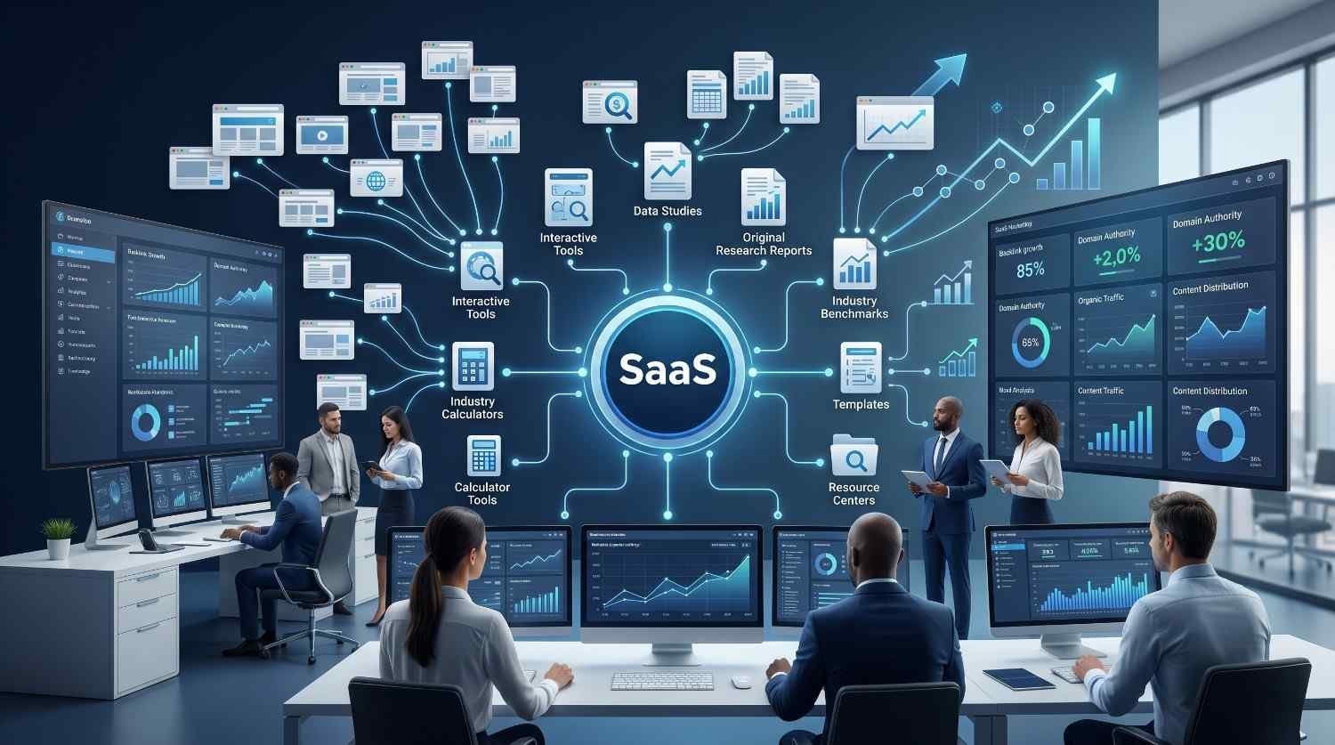 SaaS marketing team using interactive content, industry calculators, research reports, templates, and resource centers to drive organic growth. Analytics dashboards display domain authority, search visibility, backlink performance, content distribution, and traffic metrics, showcasing a comprehensive SaaS SEO strategy for lead generation, brand authority, and revenue growth.