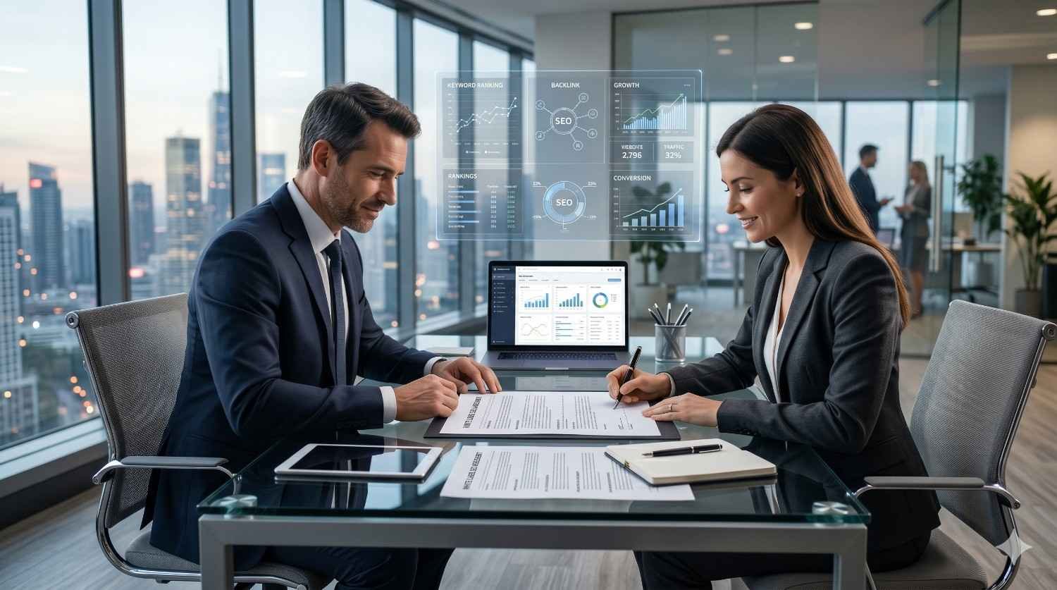 Business professionals reviewing an SEO services agreement while analyzing keyword rankings, backlink growth, organic traffic, and conversion metrics. Client consultation focused on SEO strategy, performance reporting, search engine optimization results, website growth, and establishing a successful long-term digital marketing partnership.