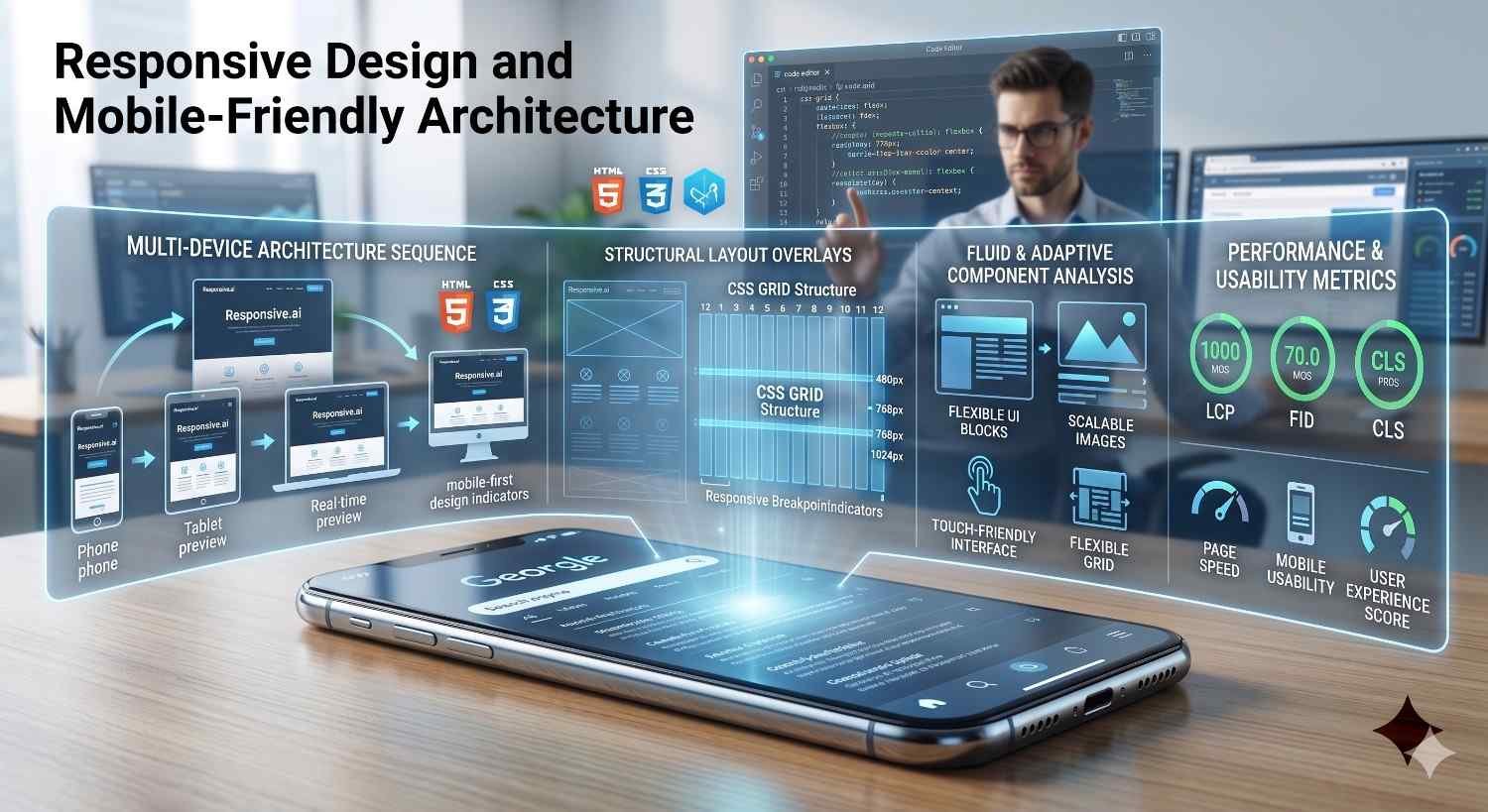 Responsive web design and mobile-friendly website architecture dashboard showcasing mobile-first development, CSS Grid layouts, adaptive components, and Core Web Vitals metrics. Visualization highlights page speed, mobile usability, touch-friendly interfaces, scalable images, and user experience optimization strategies that improve SEO performance, rankings, and mobile search visibility.