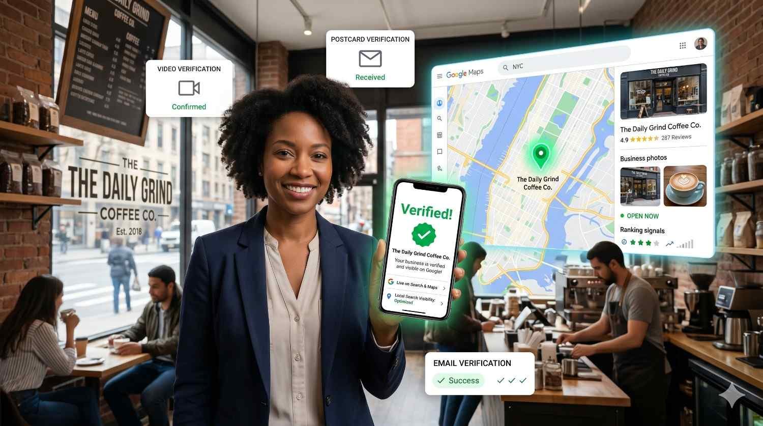 Business owner stands inside a busy coffee shop displaying a verified Google Business Profile on a smartphone. Visual overlays show Google Maps listings, customer reviews, business photos, local rankings, and verification methods including video, postcard, and email confirmation. The scene highlights local SEO success, online visibility, and customer trust.
