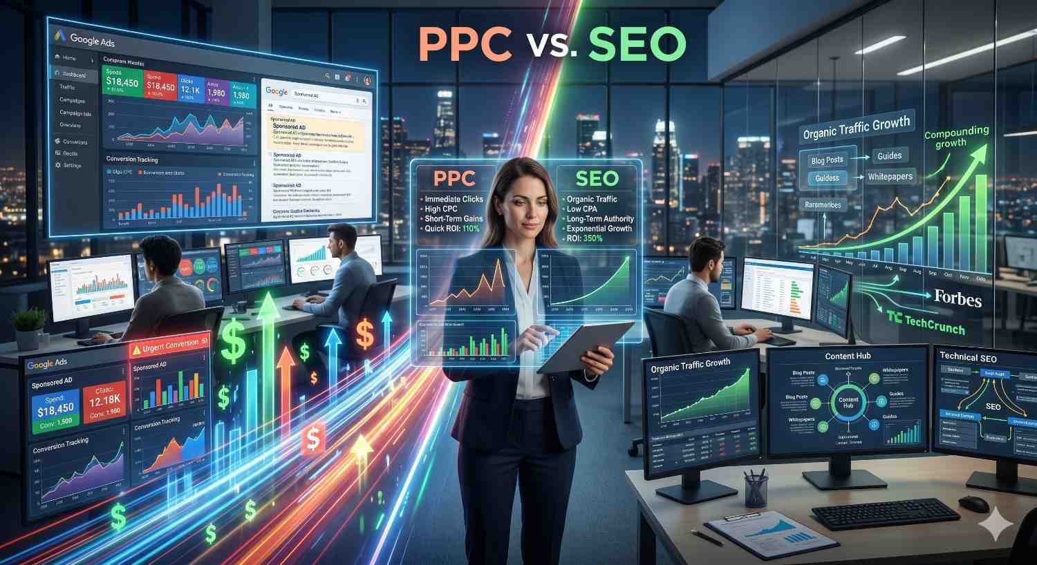 PPC vs SEO comparison infographic highlighting paid advertising and organic search marketing strategies. Dashboard visualizations show Google Ads performance, conversion tracking, ROI, keyword targeting, content marketing, technical SEO, and organic traffic growth. Demonstrates short-term PPC results versus long-term SEO-driven website visibility and lead generation.