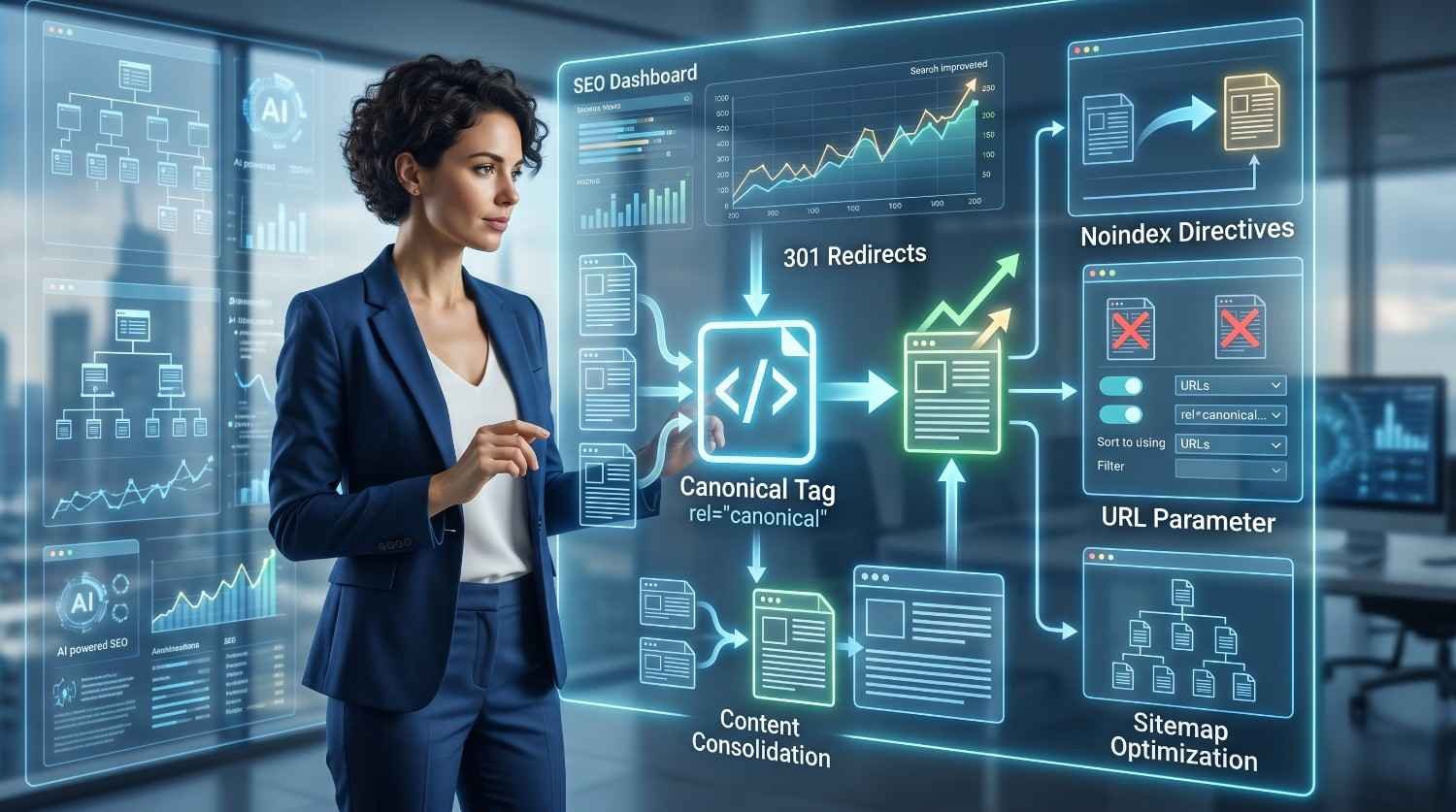 SEO expert managing technical SEO optimization with canonical tags, 301 redirects, noindex directives, URL parameter handling, content consolidation, and sitemap optimization. Dashboard visualization highlights duplicate content prevention, improved crawl efficiency, stronger indexing signals, enhanced search visibility, and better organic rankings through advanced website architecture management.