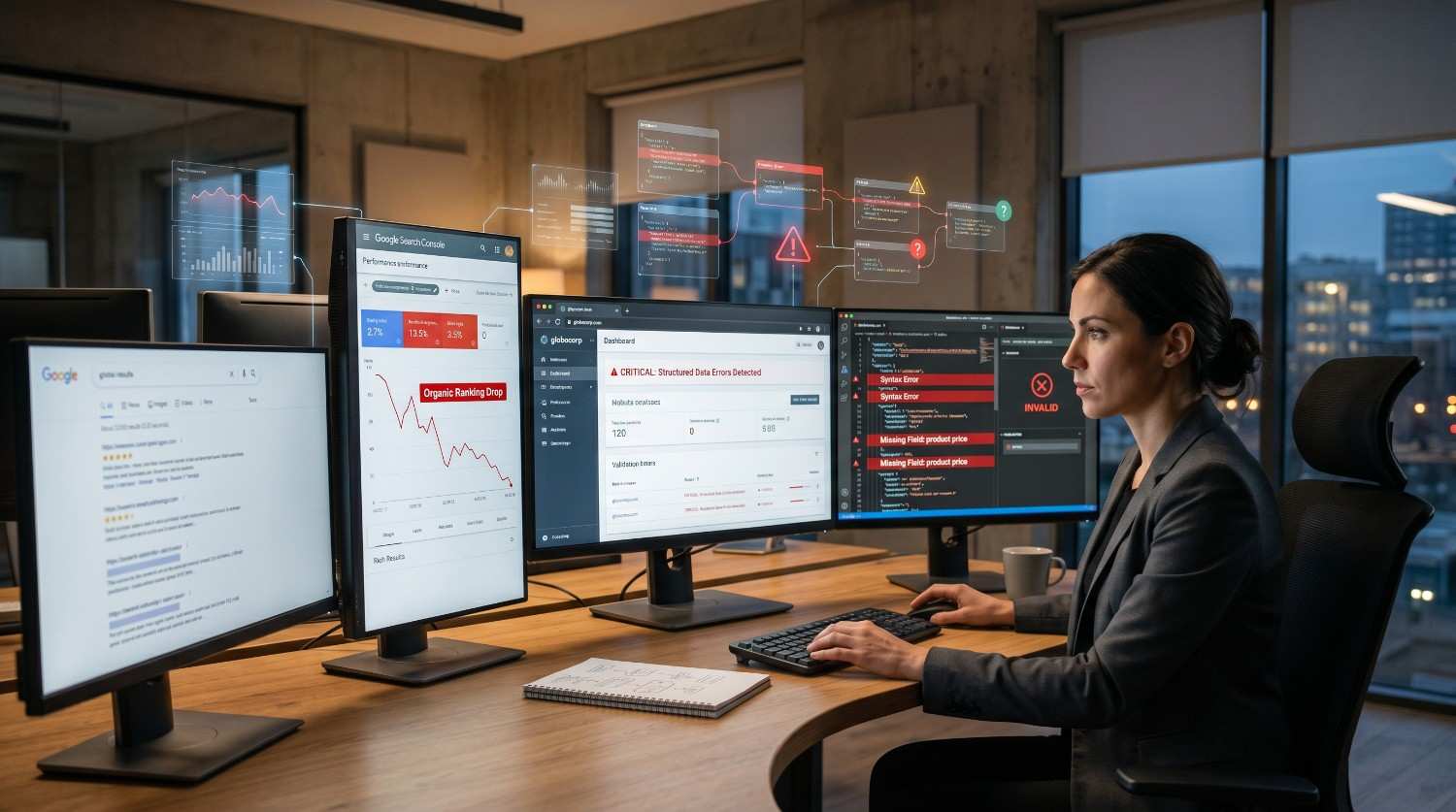 Technical SEO specialist monitoring Google Search Console, structured data errors, schema markup validation, and search performance analytics. Advanced SEO auditing workspace showcasing website optimization, rich results troubleshooting, search ranking recovery, and technical SEO problem-solving.