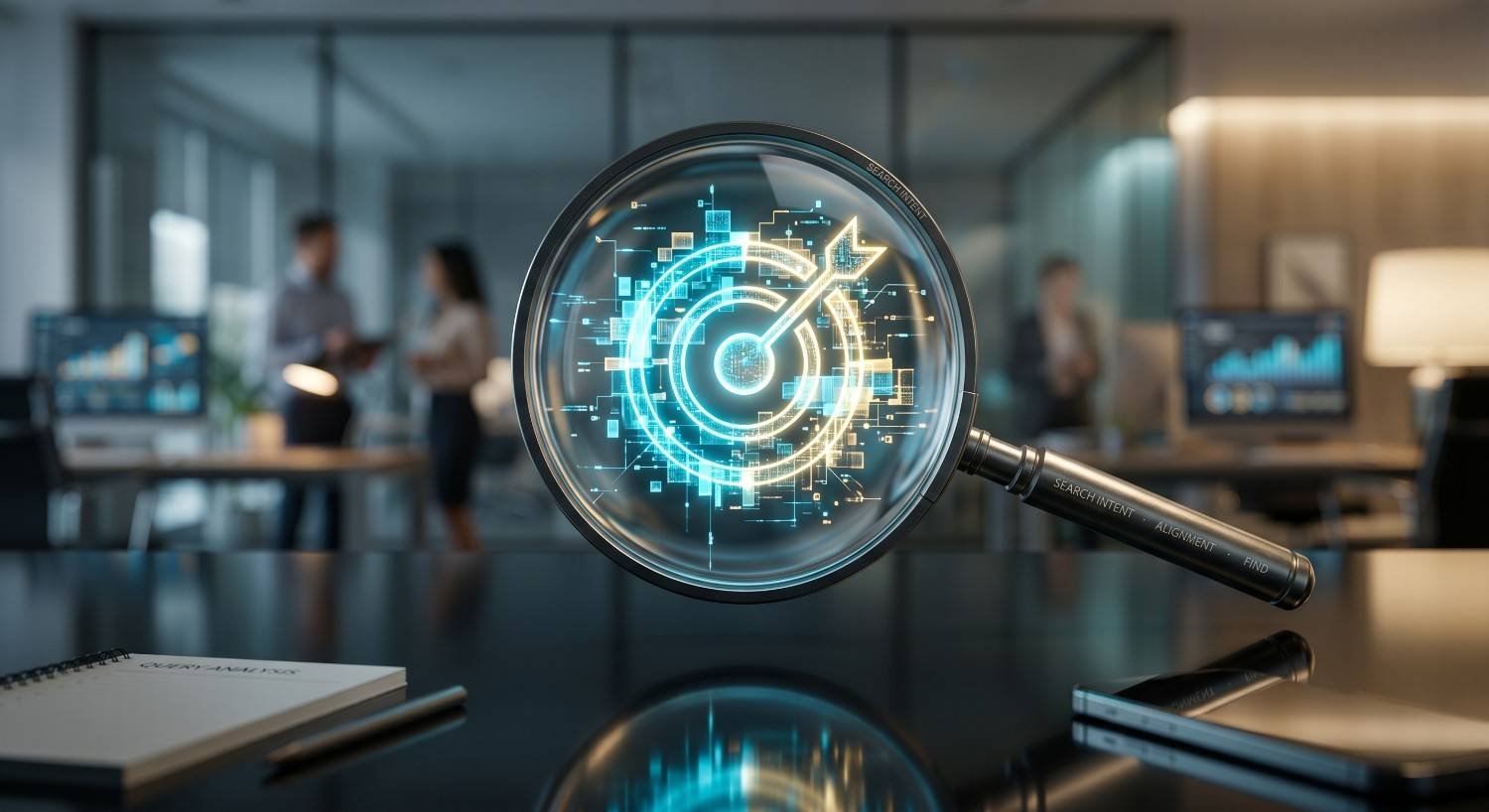 Magnifying glass focusing on a digital target symbol, representing search intent analysis, audience targeting, and SEO strategy optimization. Business professionals use data-driven insights to align content with user intent, improve keyword relevance, boost organic search rankings, and increase website traffic and conversions.