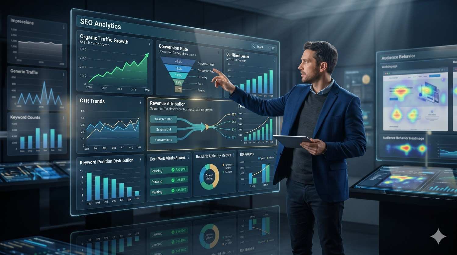 SEO analytics dashboard displaying organic traffic growth, conversion rate optimization, CTR trends, keyword rankings, backlink authority metrics, Core Web Vitals, and revenue attribution analysis to measure SEO performance, improve search visibility, increase qualified leads, and drive business growth.