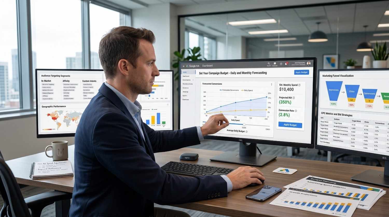 PPC budget forecasting dashboard displaying campaign spend, conversion projections, audience targeting, geographic performance, and marketing funnel analytics. Digital marketing manager monitors Google Ads budget allocation, ROI forecasts, and bid strategies to optimize advertising costs, increase conversions, and maximize paid search performance