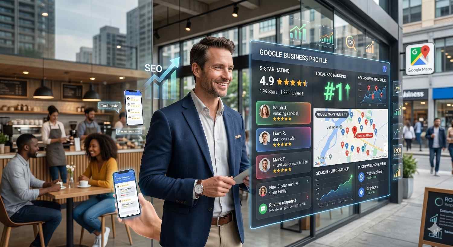 Business owner stands outside a busy café while reviewing a Google Business Profile dashboard displaying five-star reviews, local SEO rankings, map visibility, customer engagement, and search performance metrics. Mobile review notifications and analytics overlays highlight reputation management, local search success, customer trust, and increased business growth through optimization.