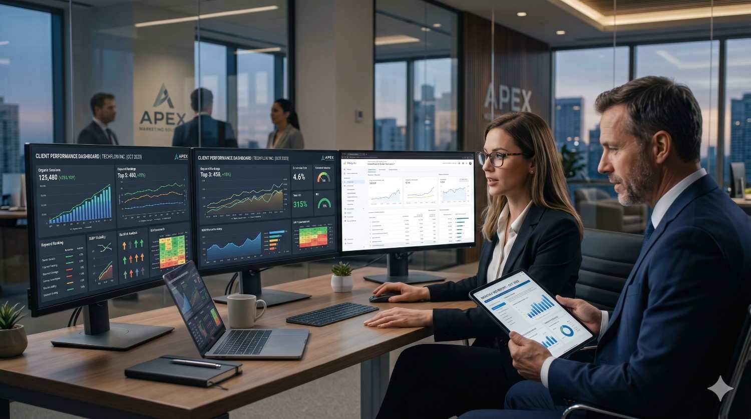 Digital marketing professionals review SEO performance dashboards in a modern corporate office. Multiple screens display organic traffic trends, keyword rankings, conversion metrics, campaign analytics, and client reporting data. Team members collaborate using desktop monitors and a tablet, analyzing results and optimizing strategies to improve search visibility and business growth.