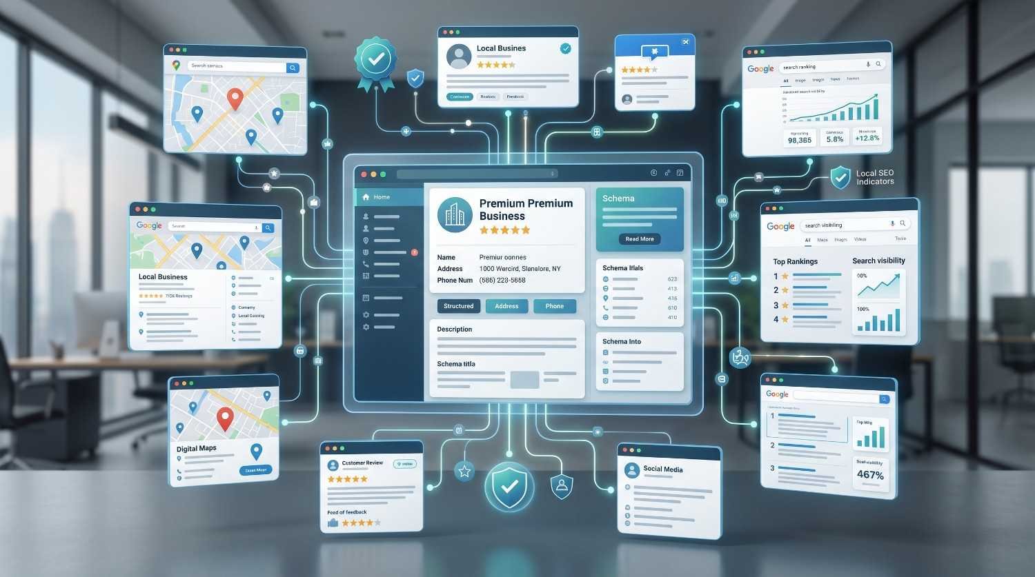 Local SEO management dashboard displaying Google Business Profile optimization, schema markup, customer reviews, business listings, map citations, and search ranking analytics. The visualization highlights local search visibility, reputation management, structured data implementation, and multi-channel business profile optimization to improve Google Maps rankings and local customer acquisition.