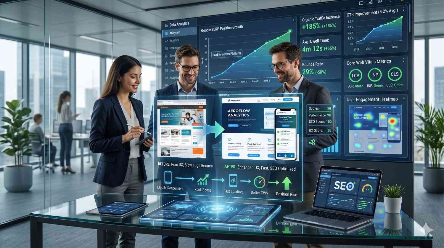 SEO team reviewing website optimization results with analytics dashboards, Core Web Vitals, user engagement heatmaps, conversion improvements, and Google ranking growth, demonstrating the impact of technical SEO, UX enhancements, mobile optimization, and performance improvements on organic traffic and search visibility.