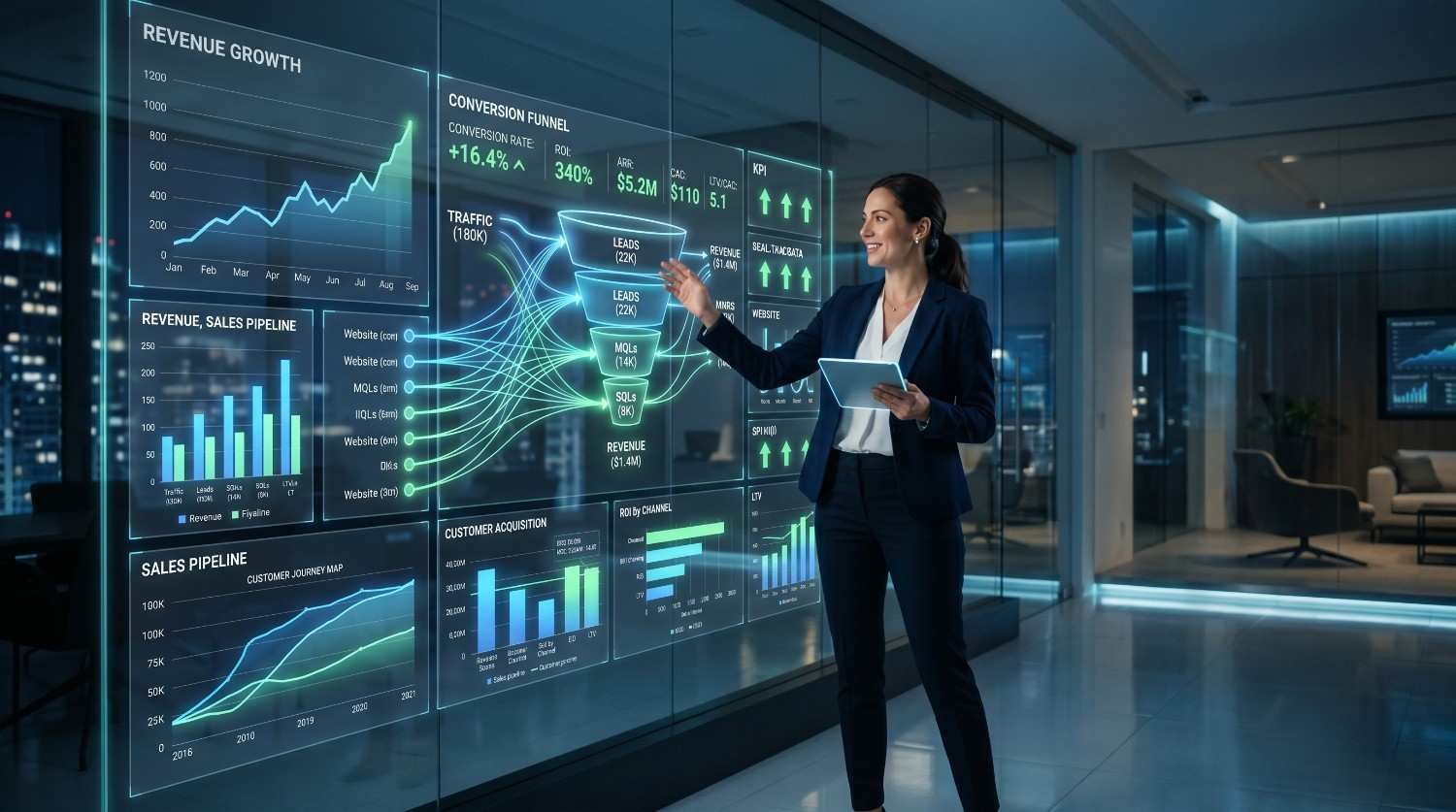 Business executive analyzing revenue growth, sales pipeline, conversion funnel, customer acquisition metrics, and performance analytics dashboards, showcasing business intelligence, data-driven decision-making, sales optimization, revenue forecasting, and corporate growth strategy management