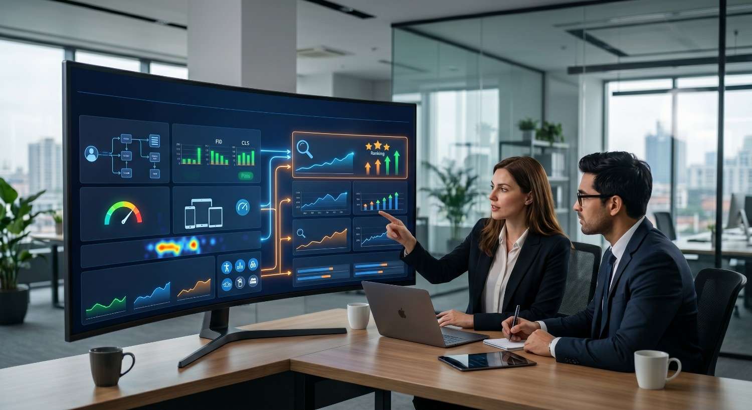 SEO professionals analyzing website performance dashboards, search rankings, user engagement metrics, and conversion trends, showcasing data-driven search engine optimization, digital analytics, keyword performance tracking, business intelligence, and strategies for improving organic traffic and online visibility