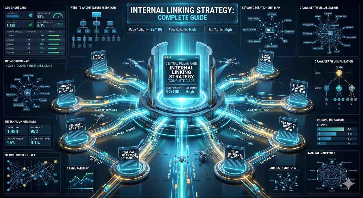 Internal linking strategy SEO infographic showing pillar page architecture, topic clusters, anchor text optimization, PageRank flow, crawl depth analysis, keyword relationships, website hierarchy, and ranking metrics. Visual guide to improving site structure, user navigation, search engine crawling, and organic search performance.