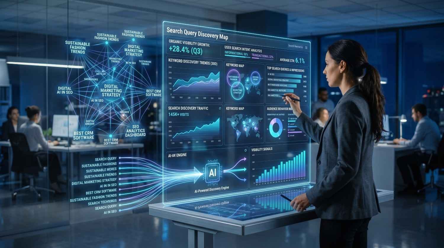 SEO specialist analyzing an AI-powered search query discovery map with keyword clusters, search intent analysis, organic visibility growth, and audience behavior insights. The dashboard visualizes keyword research, content strategy, topic mapping, and AI-driven SEO optimization to improve search rankings, organic traffic, and digital marketing performance.