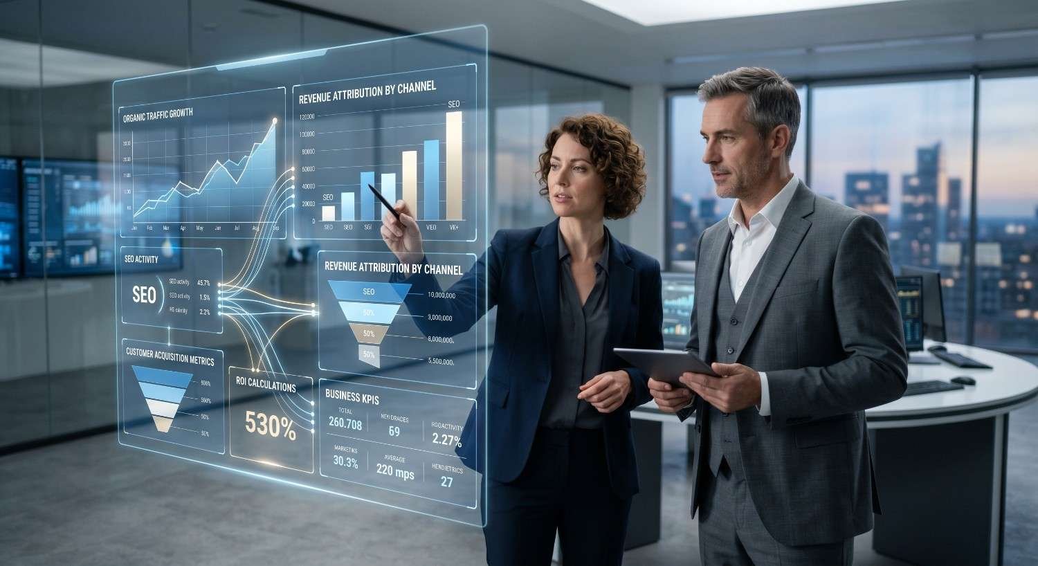 Marketing executives reviewing an SEO performance dashboard showing organic traffic growth, revenue attribution, conversion funnels, ROI metrics, and customer acquisition analytics. Data-driven SEO reporting highlights search engine optimization results, business KPIs, and revenue growth, demonstrating the impact of SEO strategies on traffic, leads, and profitability.
