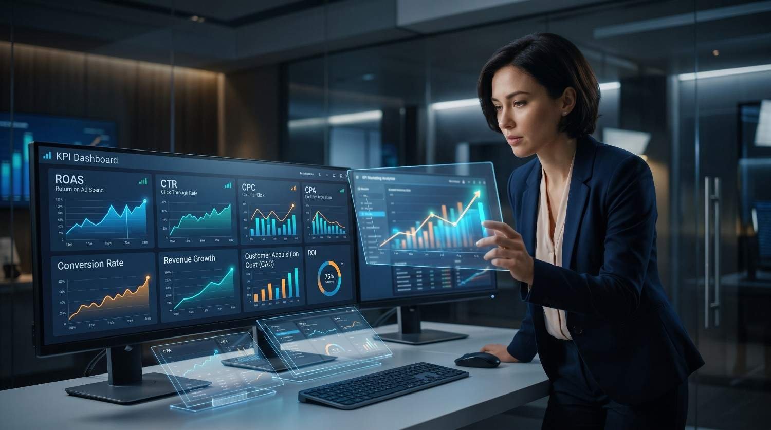 Digital marketing analyst reviewing PPC campaign KPIs, including ROAS, CTR, CPC, CPA, conversion rate, and customer acquisition cost. Advanced performance dashboard visualizes revenue growth, advertising ROI, and paid search optimization, helping businesses improve campaign efficiency and maximize marketing results