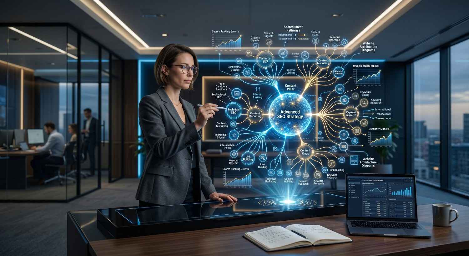 SEO strategist analyzing an advanced SEO framework with content pillars, keyword research, technical SEO, internal linking, search intent, and authority signals to enhance topical authority, search rankings, website architecture, and organic traffic growth