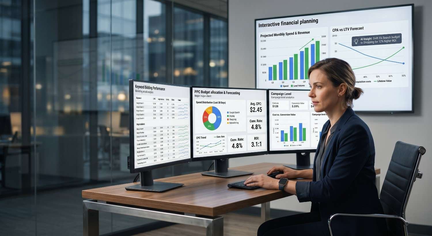 PPC budget planning and forecasting dashboard displaying keyword bidding performance, campaign analytics, CPC, conversion rates, ROI, CPA, and customer lifetime value metrics. Digital marketing analyst uses data-driven insights to optimize advertising budgets, improve campaign profitability, and maximize paid search performance