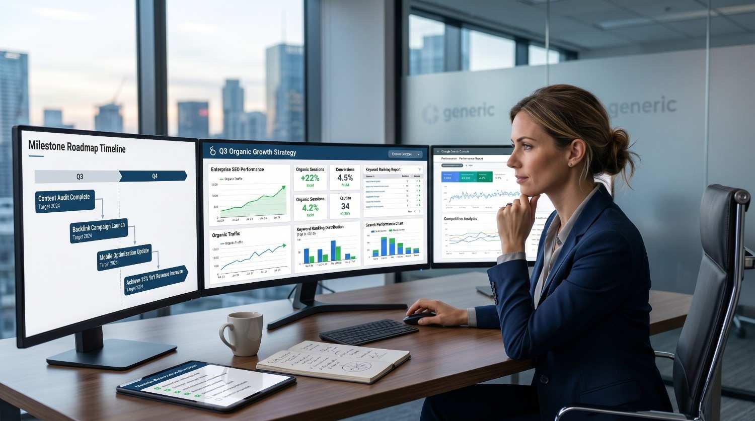 SEO manager reviewing a digital marketing roadmap, keyword rankings, organic traffic growth, backlink campaigns, and performance analytics dashboards to optimize search engine visibility, website performance, and long-term organic growth strategy