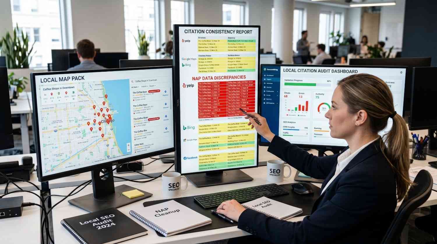 Local SEO specialist reviewing citation consistency reports, NAP discrepancies, and local citation audit data across business directories. Dashboard highlights map pack rankings, listing accuracy, and citation management performance, helping improve local search visibility, Google Business Profile optimization, location-based SEO, and customer acquisition for local businesses.