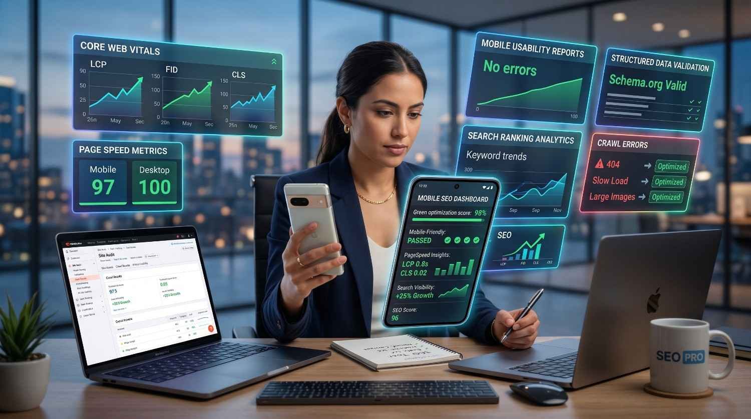 SEO professional analyzing mobile SEO performance dashboard with Core Web Vitals, page speed metrics, mobile usability reports, structured data validation, crawl error monitoring, and keyword ranking analytics. Mobile-first optimization insights highlight improved search visibility, website performance, user experience, and higher organic traffic growth across devices.