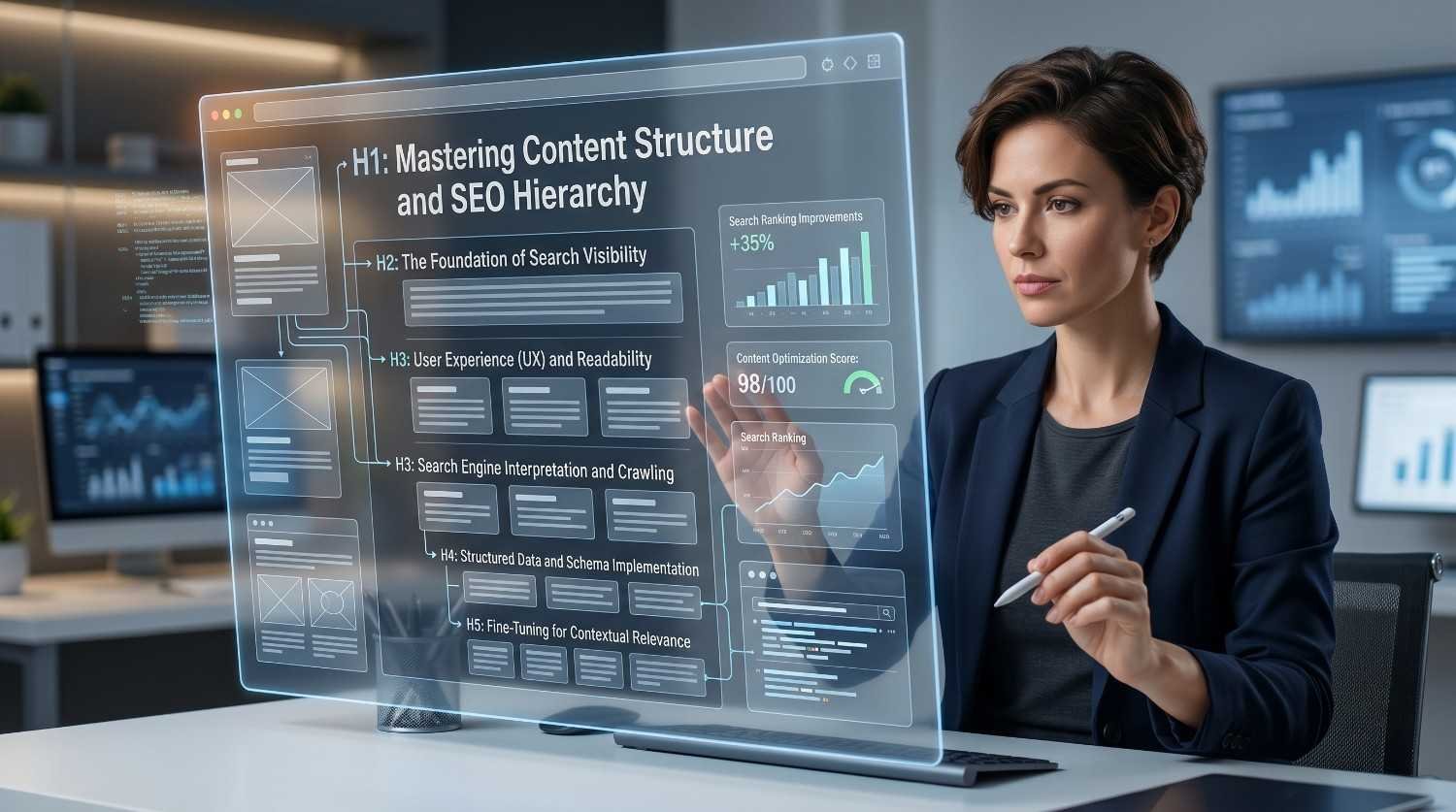 SEO strategist optimizing content structure and heading hierarchy using H1, H2, H3, H4, and H5 tags to improve search visibility, user experience, and content organization. Interactive dashboard displays SEO performance metrics, content optimization scores, structured data implementation, and ranking growth for enhanced organic search results.
