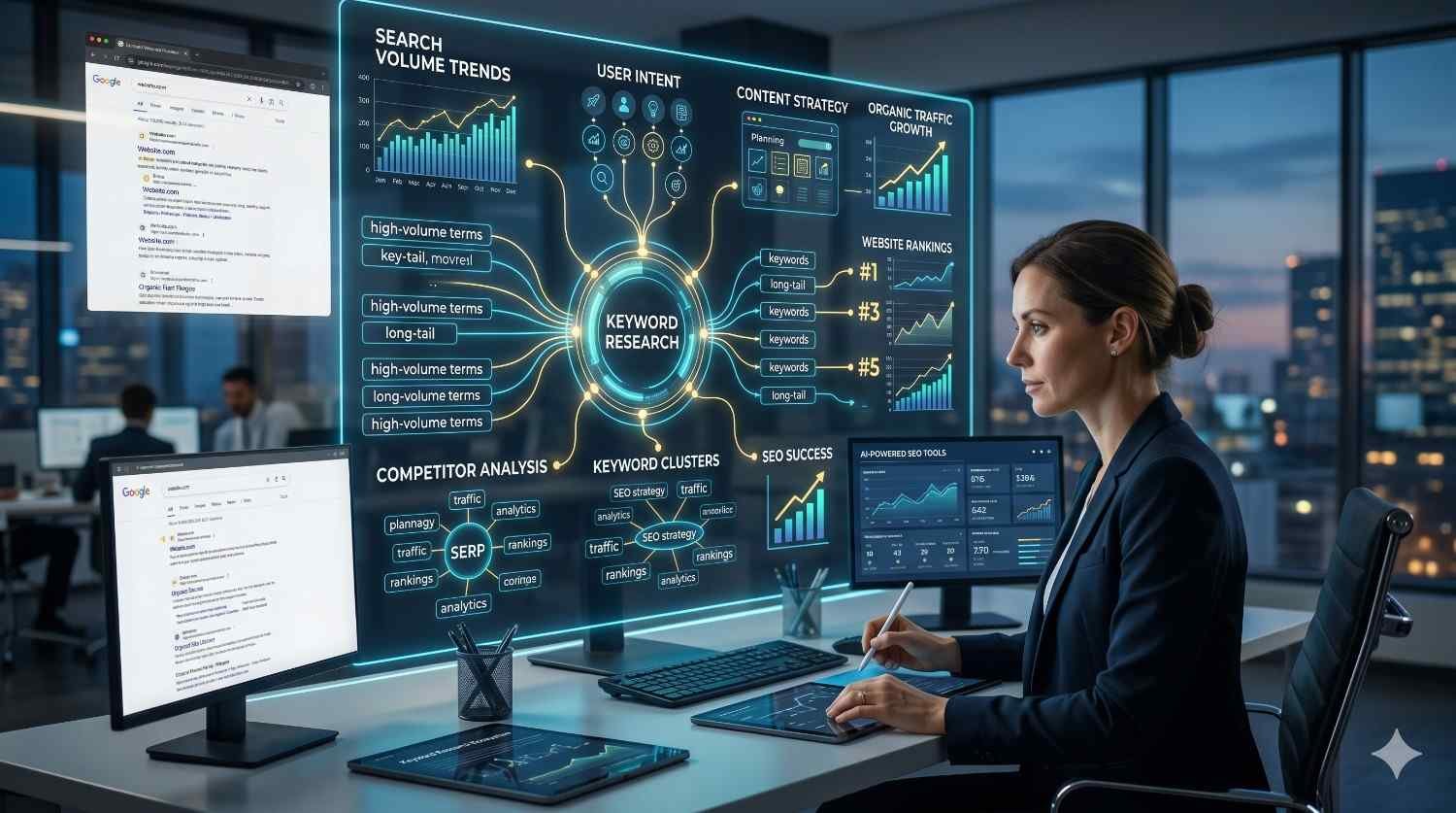 SEO specialist conducting keyword research and competitor analysis using search volume trends, user intent mapping, keyword clusters, SERP analysis, and content strategy data. Search engine optimization workflow focused on improving website rankings, organic traffic growth, topical authority, content planning, and long-term SEO performance.