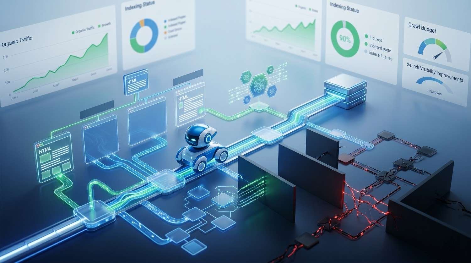 AI-powered SEO crawler visualizing website indexing, crawl budget optimization, search visibility improvements, and technical SEO performance. Illustration highlights automated website crawling, indexation management, organic traffic growth, and search engine optimization workflows. Technical SEO dashboard demonstrates how efficient crawling improves rankings, website discoverability, and search performance.