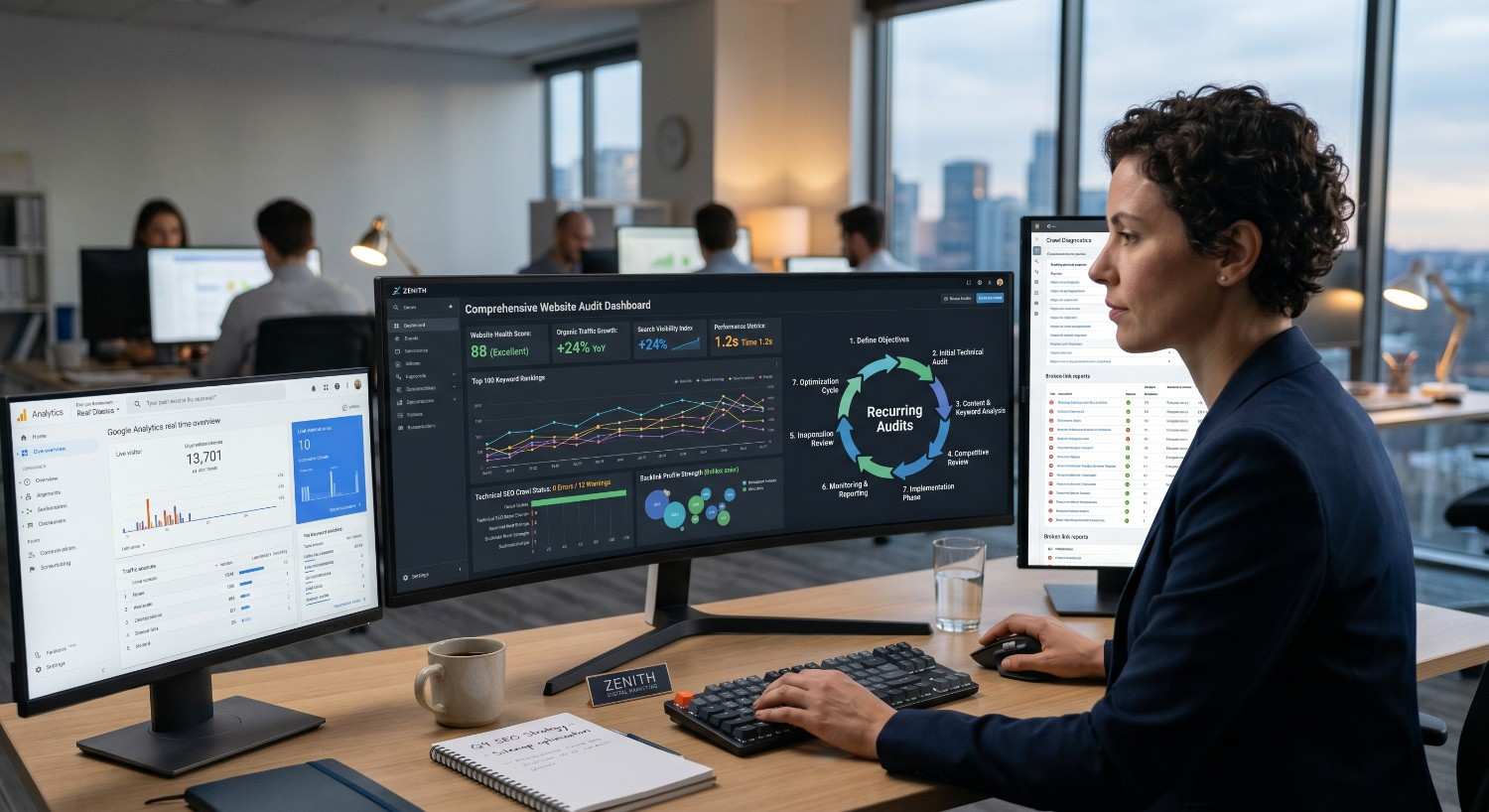 SEO specialist analyzing website audit reports, Google Analytics data, and technical SEO performance dashboards. Digital marketing professional monitoring recurring audits, search visibility, site health, and optimization metrics to improve organic traffic, user experience, and search engine rankings.