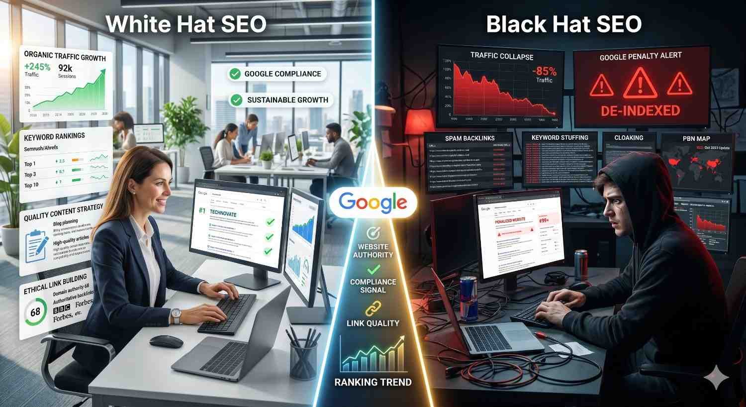 SEO comparison graphic contrasting white hat and black hat SEO practices. The left side highlights ethical strategies, quality content, sustainable growth, strong rankings, and Google compliance in a professional office setting. The right side illustrates risky tactics, penalties, traffic decline, de-indexing warnings, spam backlinks, and search visibility losses.
