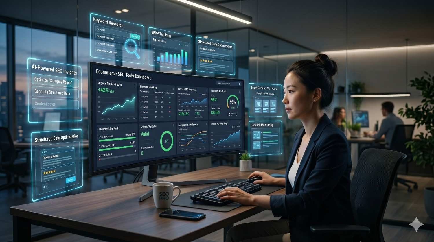 SEO professional analyzes ecommerce search performance using AI-powered optimization dashboards in a modern office. Interactive displays showcase keyword research, SERP tracking, structured data optimization, technical SEO audits, schema validation, backlink monitoring, and organic traffic growth. The workspace highlights data-driven decision-making, automation, website optimization, and scalable ecommerce search visibility improvements.