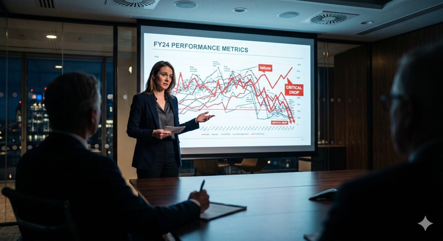 Marketing executive presenting a performance review highlighting declining KPIs, traffic loss, conversion drops, and business challenges. Data-driven analysis meeting focused on identifying performance issues, improving SEO and marketing strategies, optimizing campaign results, mitigating revenue risks, and restoring sustainable business growth through actionable insights.