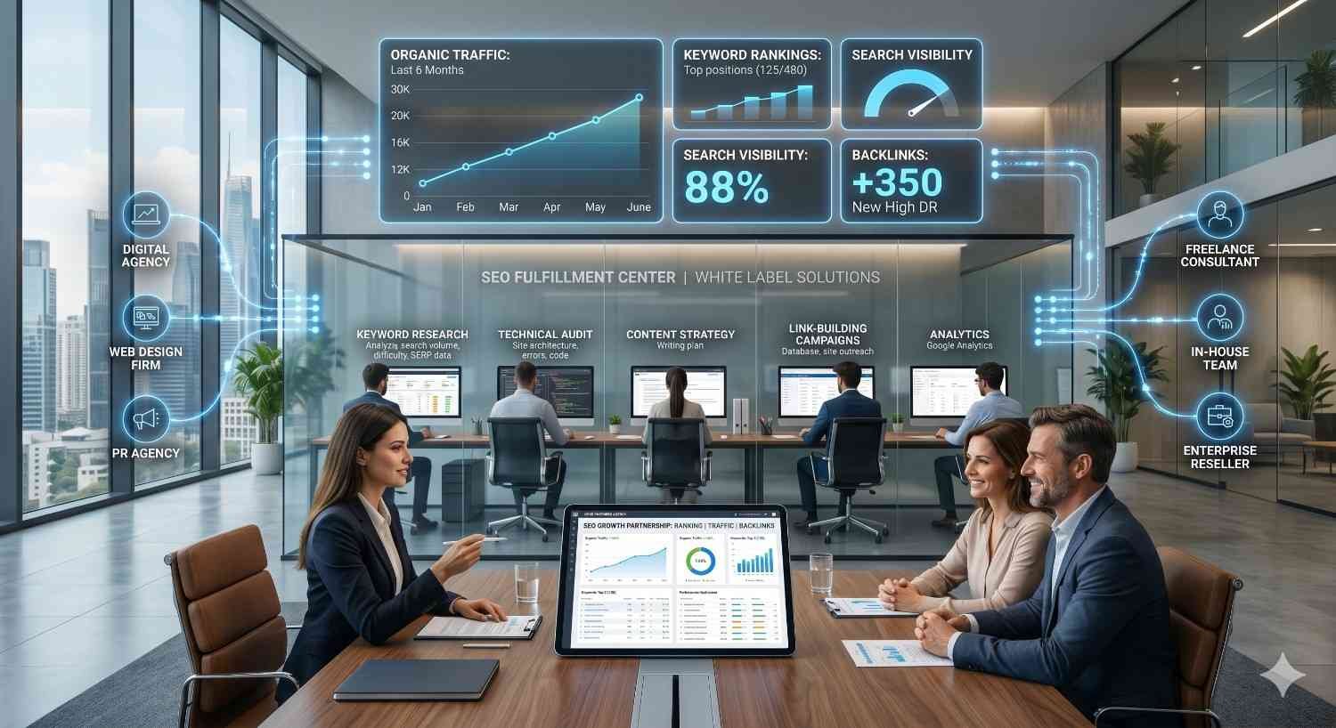 Modern corporate office showcasing an SEO fulfillment center with professionals collaborating on digital marketing strategies. Large dashboards display organic traffic growth, keyword rankings, search visibility, and backlink metrics. Team members analyze performance data while meeting with clients. Visual connections highlight partnerships with agencies, consultants, in-house teams, and enterprise resellers.