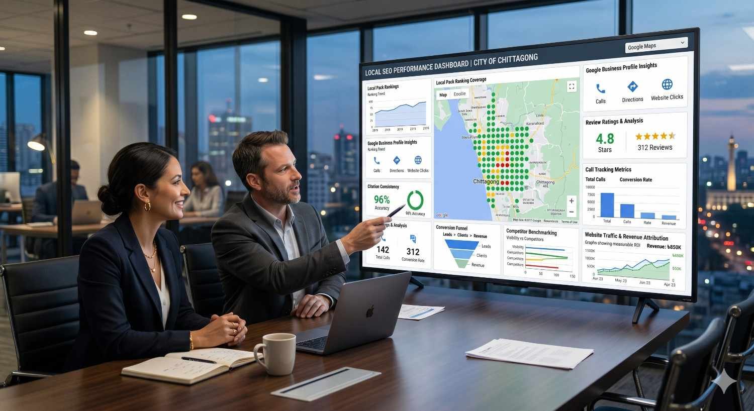 Local SEO professionals review a city-specific search performance dashboard during a business meeting in a modern office. The display features map pack rankings, Google Business Profile insights, review ratings, conversion tracking, competitor analysis, geographic coverage, and traffic trends. Team members evaluate local visibility, customer engagement, and growth opportunities through data.